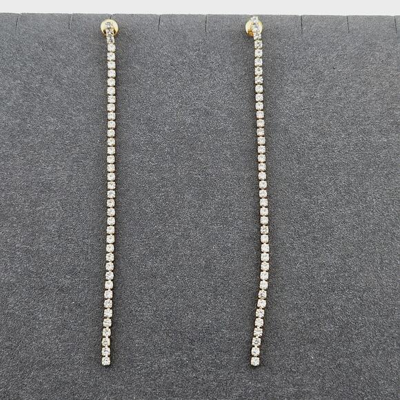 Gold Tone Delicate Long Crystal Stone Chain Drop Earrings Post Style Formal - Picture 1 of 5